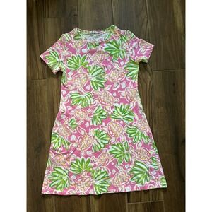 Barbara Gerwit Pink/Green T-Shirt Dress Turtles Cotton Stretch Med Resort Beach
